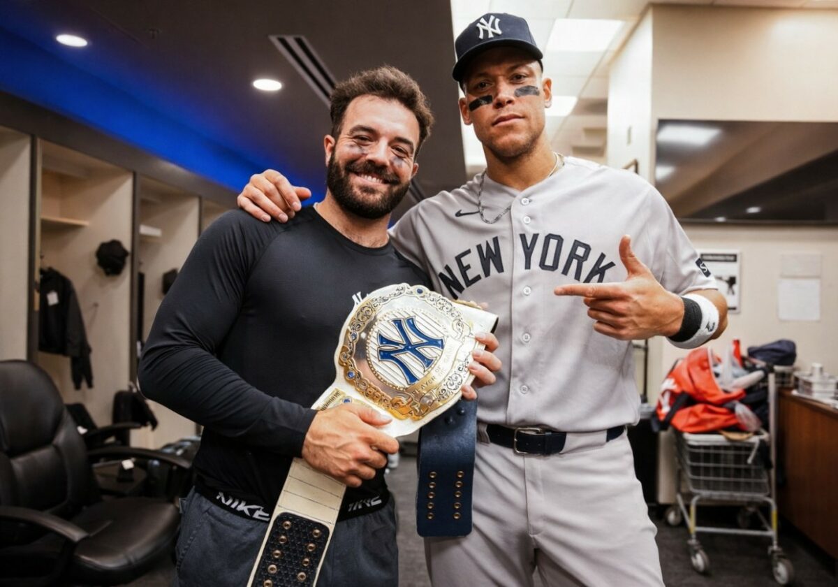 Yankees captain Aaron Judge is with catcher Austin Wells after the 3-1 win over the Giants in San Francisco, March 28, 2026.