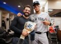 Yankees captain Aaron Judge is with catcher Austin Wells after the 3-1 win over the Giants in San Francisco, March 28, 2026.