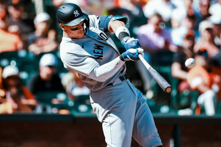 Yankees captain Aaron Judge hits a two-run home run during 3-0 win over the Giants in San Francisco, March 27, 2026.