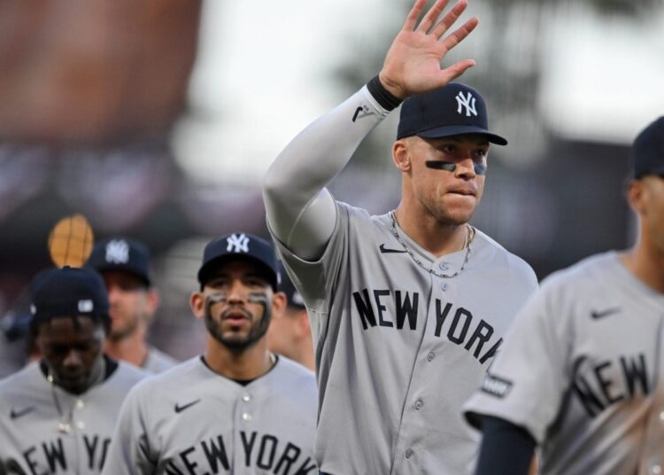 Yankees captain Aaron Judge leads him team after the 3-1 win over the Giants in San Francisco, March 28, 2026.