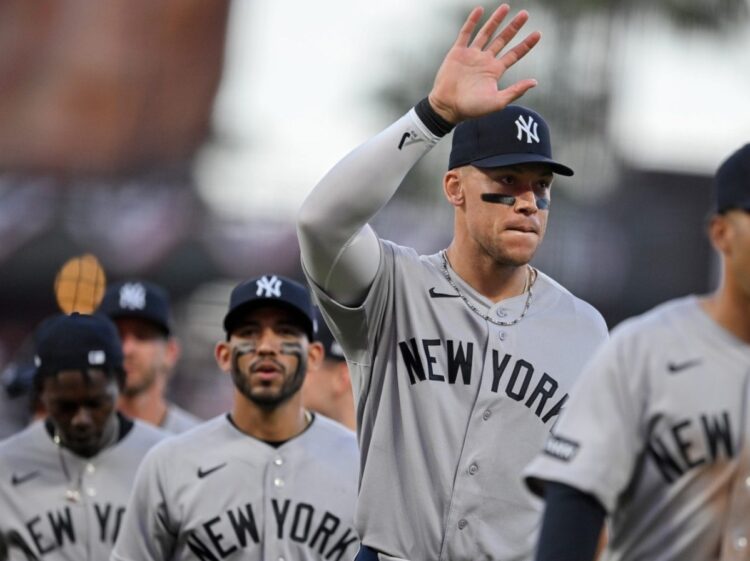 Yankees captain Aaron Judge leads him team after the 3-1 win over the Giants in San Francisco, March 28, 2026.