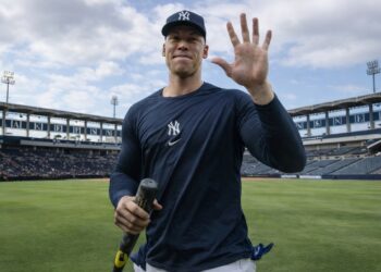 Yankees captain Aaron Judge is at Tampa, FL. during the 2026 Spring Training camp.