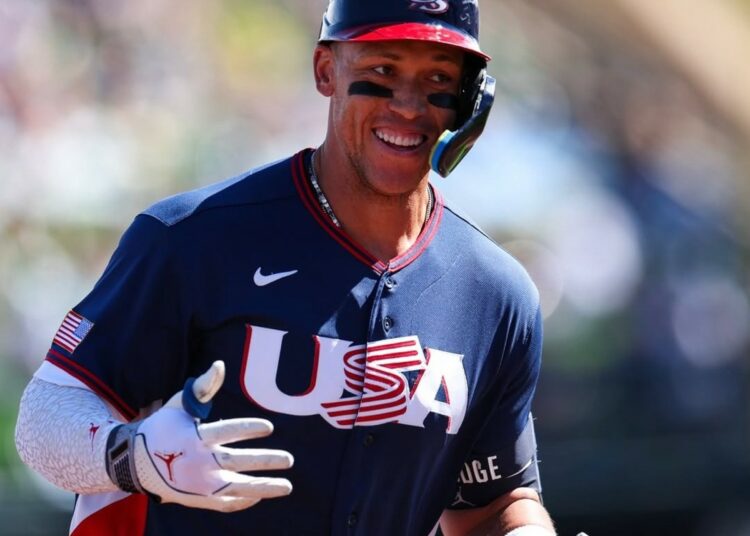 Yankees captain Aaron Judge celebrates after a home run for the Team USA against the Giants