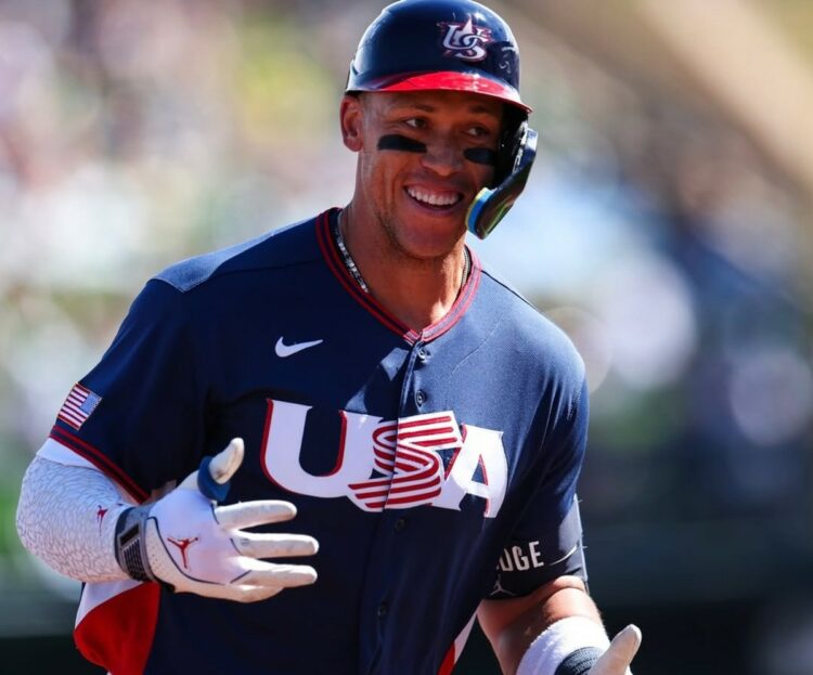 Yankees captain Aaron Judge celebrates after a home run for the Team USA against the Giants