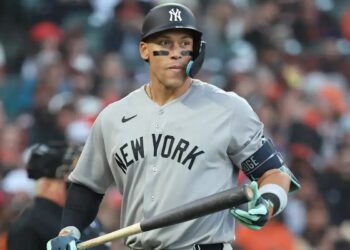 Yankees right fielder Aaron Judge (99) reacts after he strikes out for the fourth time during the sixth inning on Opening Day.