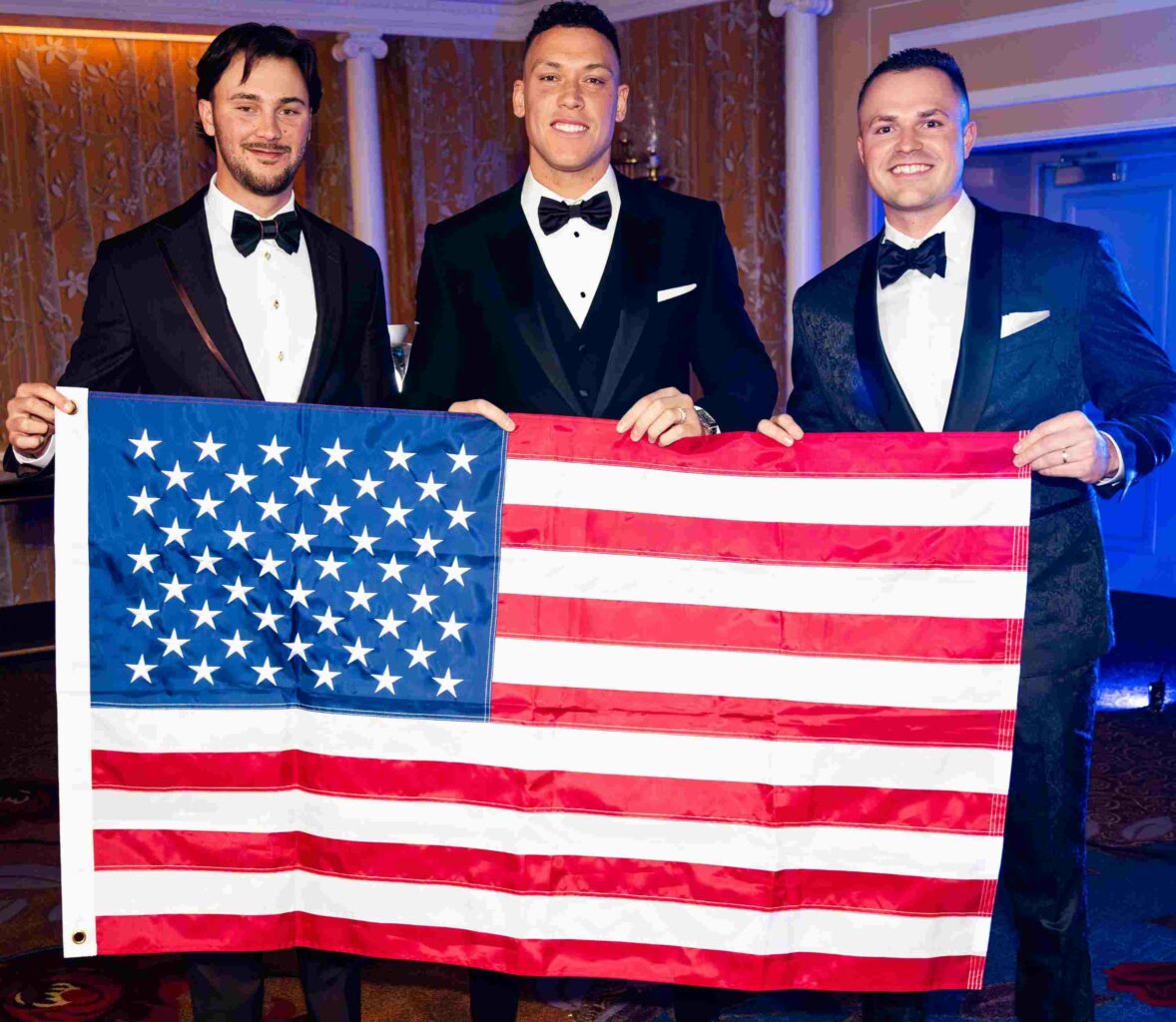 Paul Skenes, Aaron Judge, and Tarik Skubal are with USA flag at last night's BBWAA Awards dinner, January 24, 2026, in New York City.
