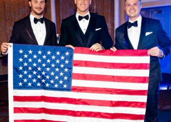 Paul Skenes, Aaron Judge, and Tarik Skubal are with USA flag at last night's BBWAA Awards dinner, January 24, 2026, in New York City.
