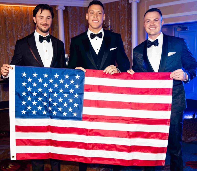 Paul Skenes, Aaron Judge, and Tarik Skubal are with USA flag at last night's BBWAA Awards dinner, January 24, 2026, in New York City.