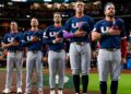 Team USA players led by captain Aaron Judge before the 2026 WBC game against Brazil at Daikin Park, March 06, Houston, Texas.