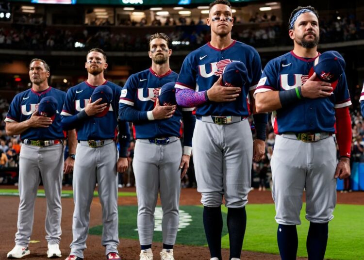 Team USA players led by captain Aaron Judge on WBC Day 1,