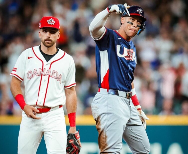 Yankees captain celebrates after reaching base against Canada in Team USA's win on March 14, 2026.