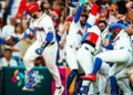 Yankees catcher Austin Wells celebrates after his homer helped Domican Republic beat Korea 10-0 in WBC quaterfinals, March 13, 2026.