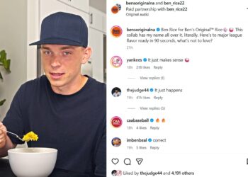 Yankees captain Aaron Judge reacts to the instagram post of Ben Rice landing a brand deal with Ben's Original rice in a sponsorship that includes 22,000 meals for kids tied to his No. 22 jersey.