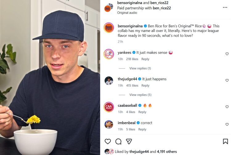 Yankees captain Aaron Judge reacts to the instagram post of Ben Rice landing a brand deal with Ben's Original rice in a sponsorship that includes 22,000 meals for kids tied to his No. 22 jersey.