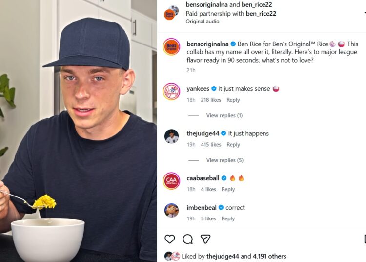 Yankees captain Aaron Judge reacts to the instagram post of Ben Rice landing a brand deal with Ben's Original rice in a sponsorship that includes 22,000 meals for kids tied to his No. 22 jersey.