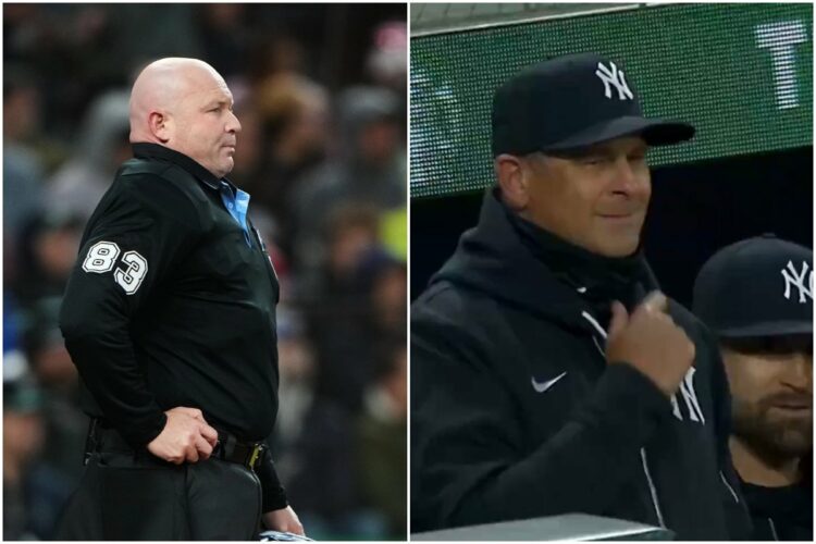 Mike Estabrook (83) reacts as New York Yankees’ Jazz Chisholm Jr. challenges a call during the fourth inning of a baseball game against the Seattle Mariners, Monday, March 30, 2026, in Seattle.