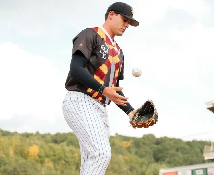 Yankees' pitching prospect Brendan Beck stand at the mound prior to a Triple-A game in 2025.