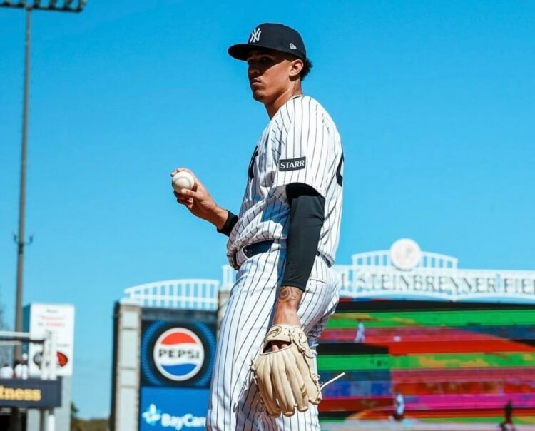 Carlos Lagrange takes mound during a Yankees spring game in Tampa, FL, March 2026.