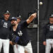 New York Yankees pitcher Carlos Rodón throwing in the bullpen during Saturday’s workout at Steinbrenner Field in Tampa, Florida.