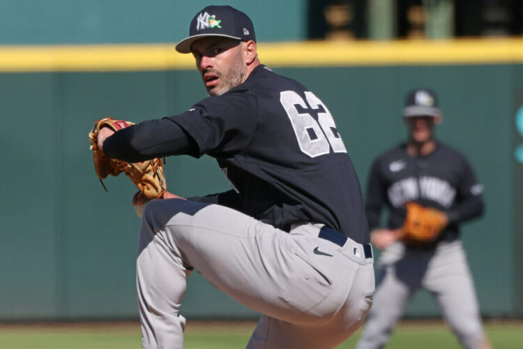 Dylan Coleman pitches during the Yankees-Pirates spring training game on Feb. 23, 2026.
