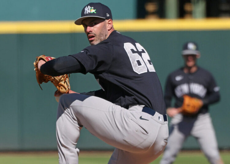 Dylan Coleman pitches during the Yankees-Pirates spring training game on Feb. 23, 2026.
