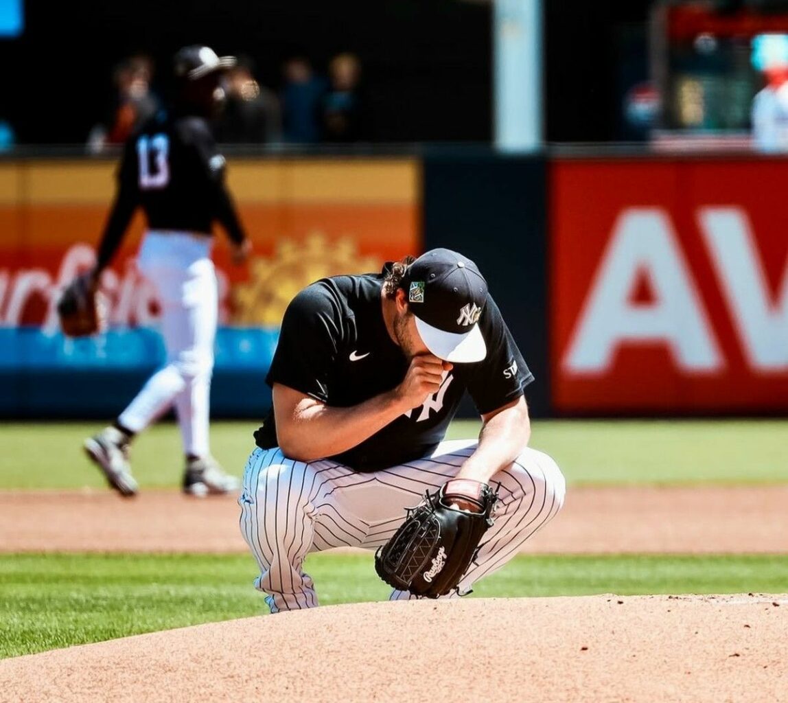 Yankees ace Gerrit Cole inspects the mound before his spring debut on March 18, 2026, in Tampa, Fl.