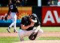 Yankees ace Gerrit Cole inspects the mound before his spring debut on March 18, 2026, in Tampa, Fl.