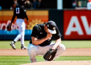 Yankees ace Gerrit Cole inspects the mound before his spring debut on March 18, 2026, in Tampa, Fl.