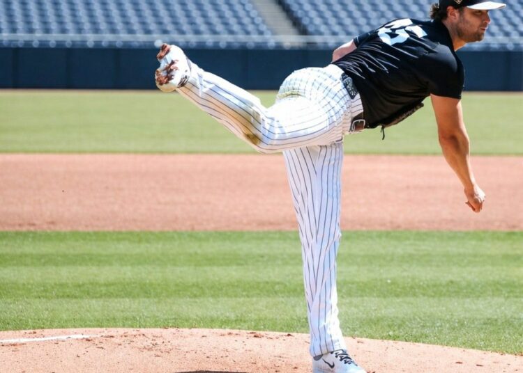 Yankees ace Gerrit Cole pitches during the Spring Training Camp, 2026, in Tampa, Fl.