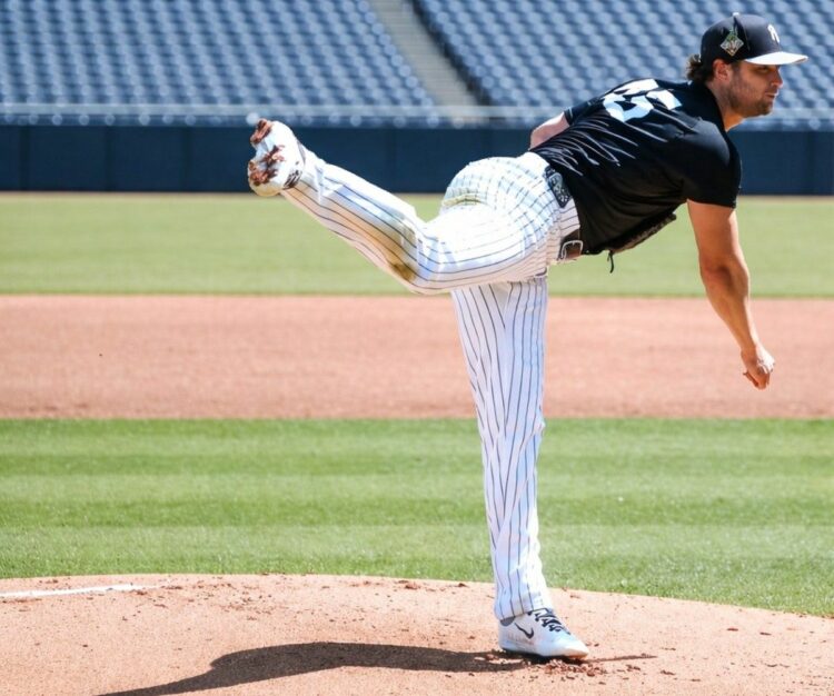 Yankees ace Gerrit Cole pitches during the Spring Training Camp, 2026, in Tampa, Fl.