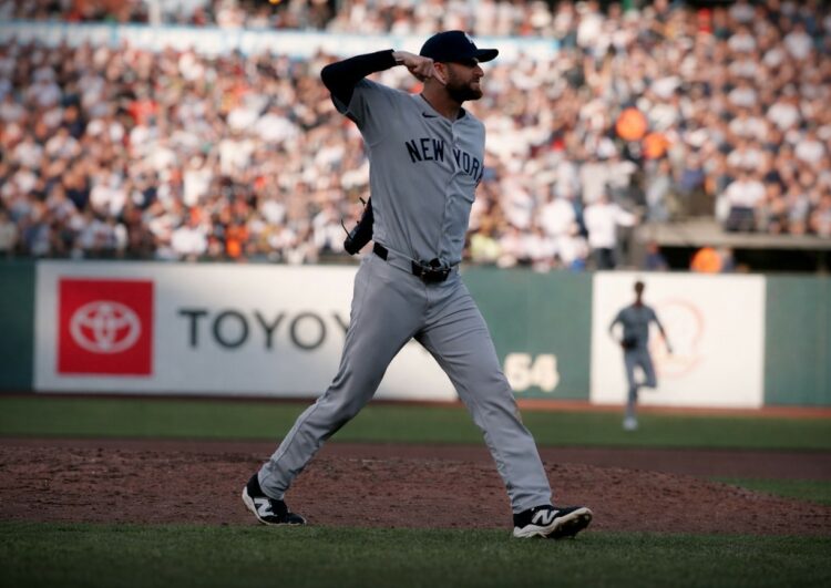Yankees’ reliever Jake Bird reacts after escaping a jam in the 3-1 win over the Giants, San Francisco, March 28, 2026.