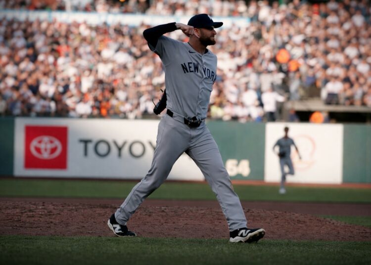 Yankees’ reliever Jake Bird reacts after escaping a jam in the 3-1 win over the Giants, San Francisco, March 28, 2026.