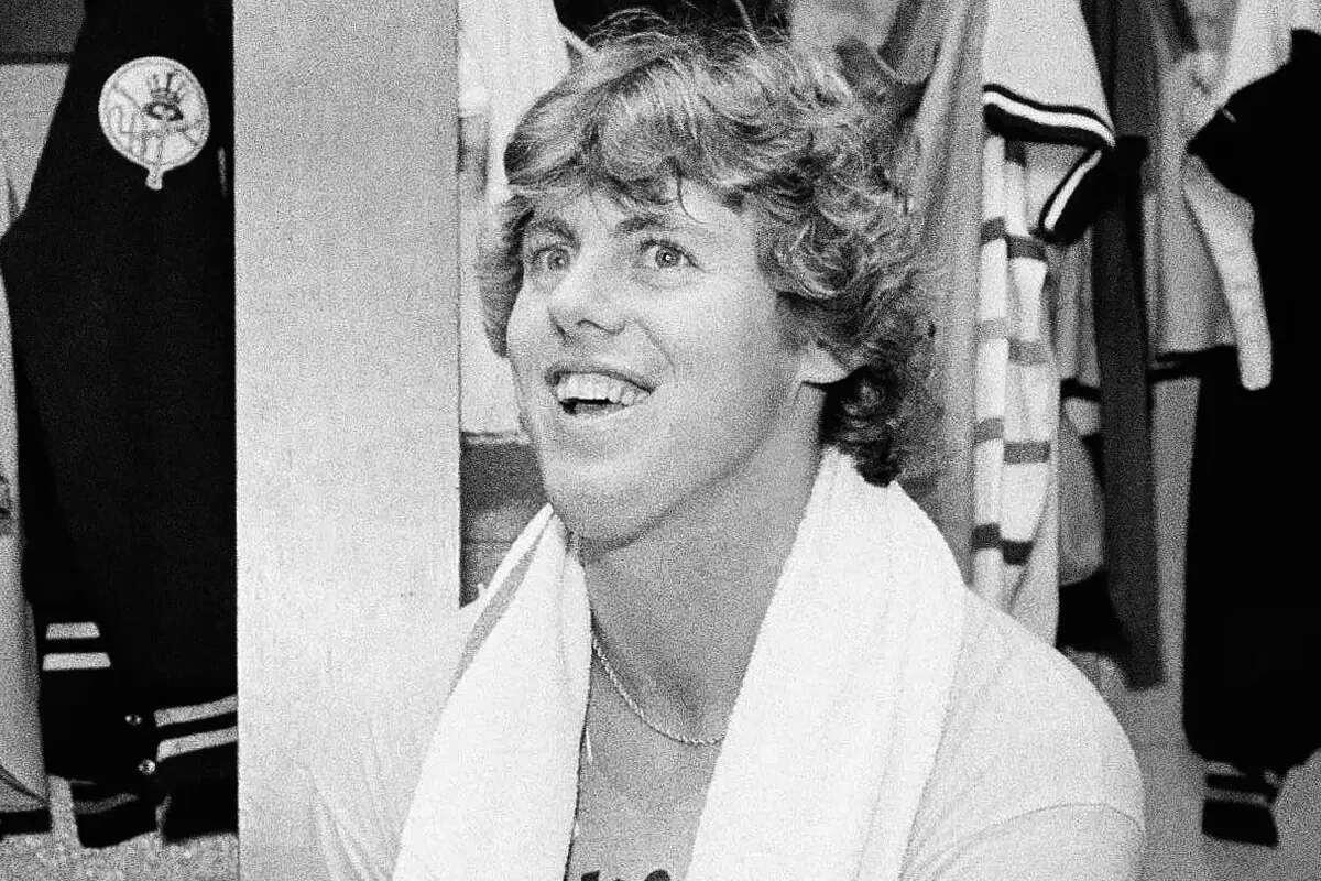 Pitcher Ken Clay smiles in the dressing room after a Yankee victory over Kansas City in the American League championship opener, Oct. 3, 1978