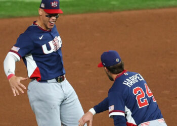 Yankees Aaron Judge celebrates with Bryce Harper following the Team USA's 2-1 win over the Dominican Republic in WBC Semifinal, Miami, March 15, 2026.
