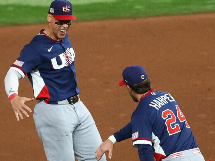 Yankees Aaron Judge celebrates with Bryce Harper following the Team USA's 2-1 win over the Dominican Republic in WBC Semifinal, Miami, March 15, 2026.