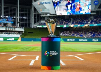 The 2026 WBC trophy on display before the World Baseball Classic final in Miami, March 17, 2026.