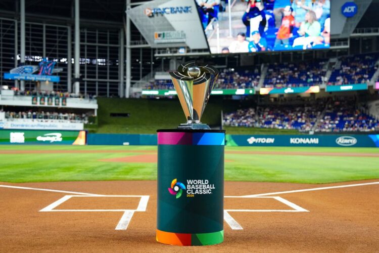 The 2026 WBC trophy on display before the World Baseball Classic final in Miami, March 17, 2026.