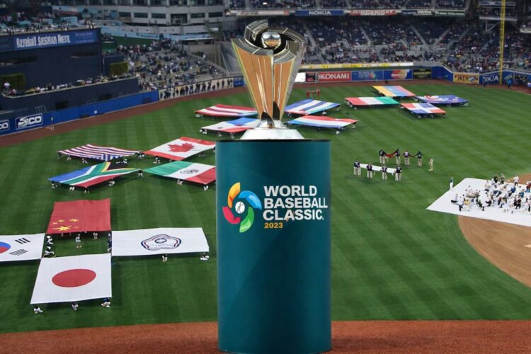 2026 WBC trophya nd participating countries' flags.