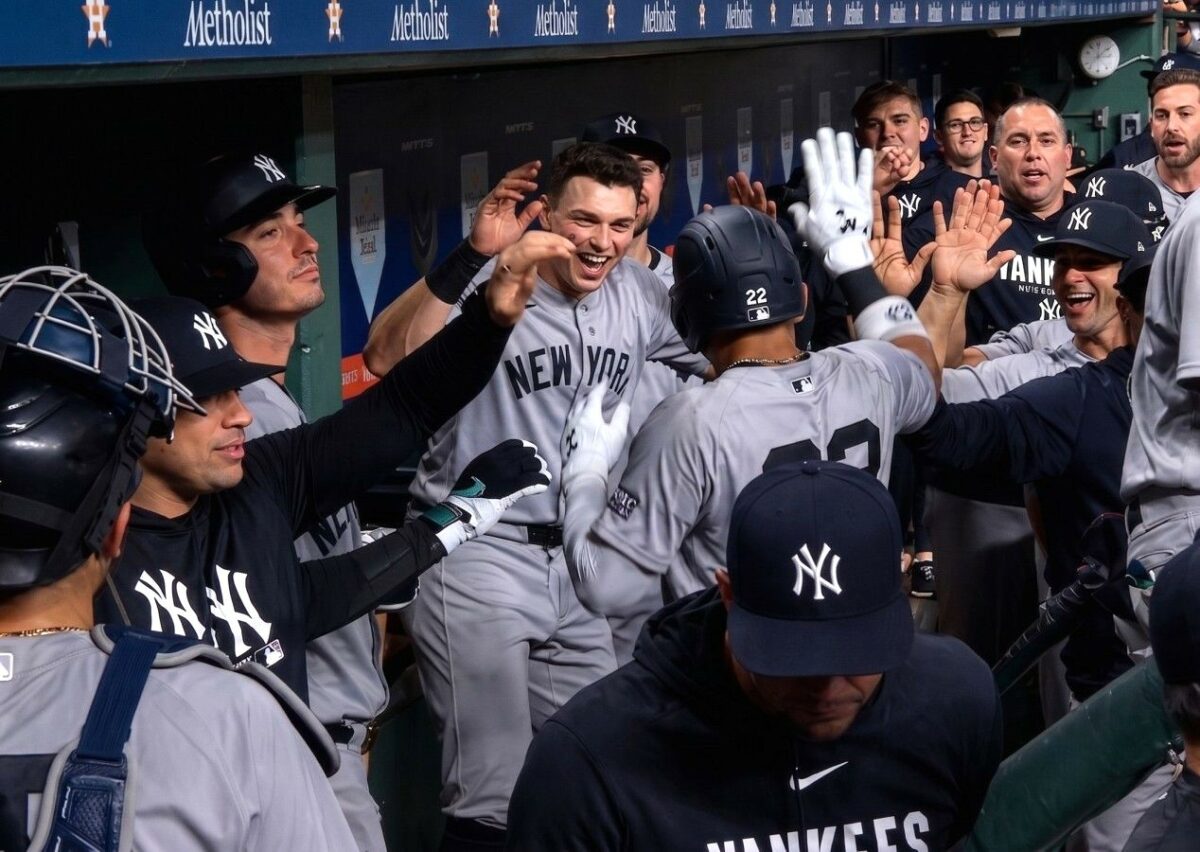 Jose Caballero celebrates in the Yankees dugout after his home run in the 8-3 win over the Astros. Houston. Apr. 25, 2026.