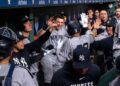 Jose Caballero celebrates in the Yankees dugout after his home run in the 8-3 win over the Astros. Houston. Apr. 25, 2026.