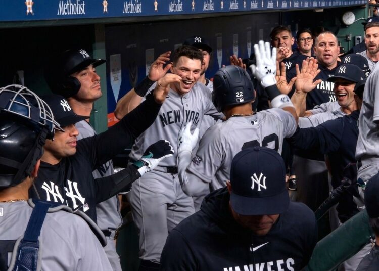 Jose Caballero celebrates in the Yankees dugout after his home run in the 8-3 win over the Astros. Houston. Apr. 25, 2026.