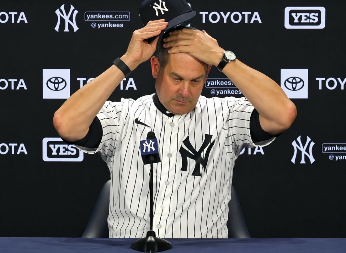 Yankees manager Aaron Boone is at a press conference after a game at Yankee Stadium, April, 2026.