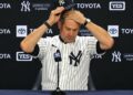 Yankees manager Aaron Boone is at a press conference after a game at Yankee Stadium, April, 2026.