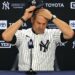 Yankees manager Aaron Boone is at a press conference after a game at Yankee Stadium, April, 2026.