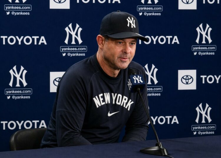 New York Yankees manager Aaron Boone. April 2026.