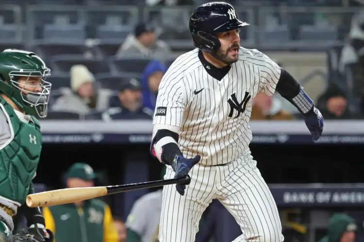 Austin Wells (28) hits a double during the seventh inning on April 7, 2026.