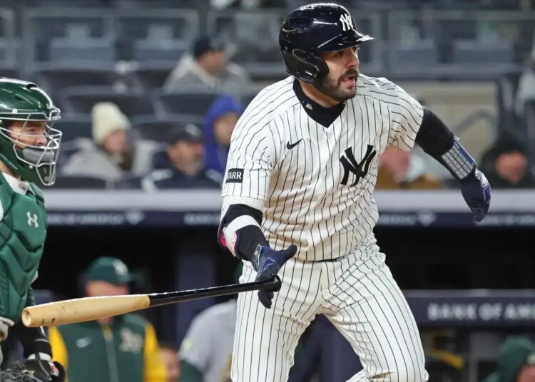 Austin Wells (28) hits a double during the seventh inning on April 7, 2026.