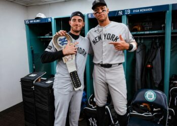 Cody Bellinger is with Aaron Judge after the Yankees' 4-2 win over the Red Sox in Boston, Apr. 23, 2026.