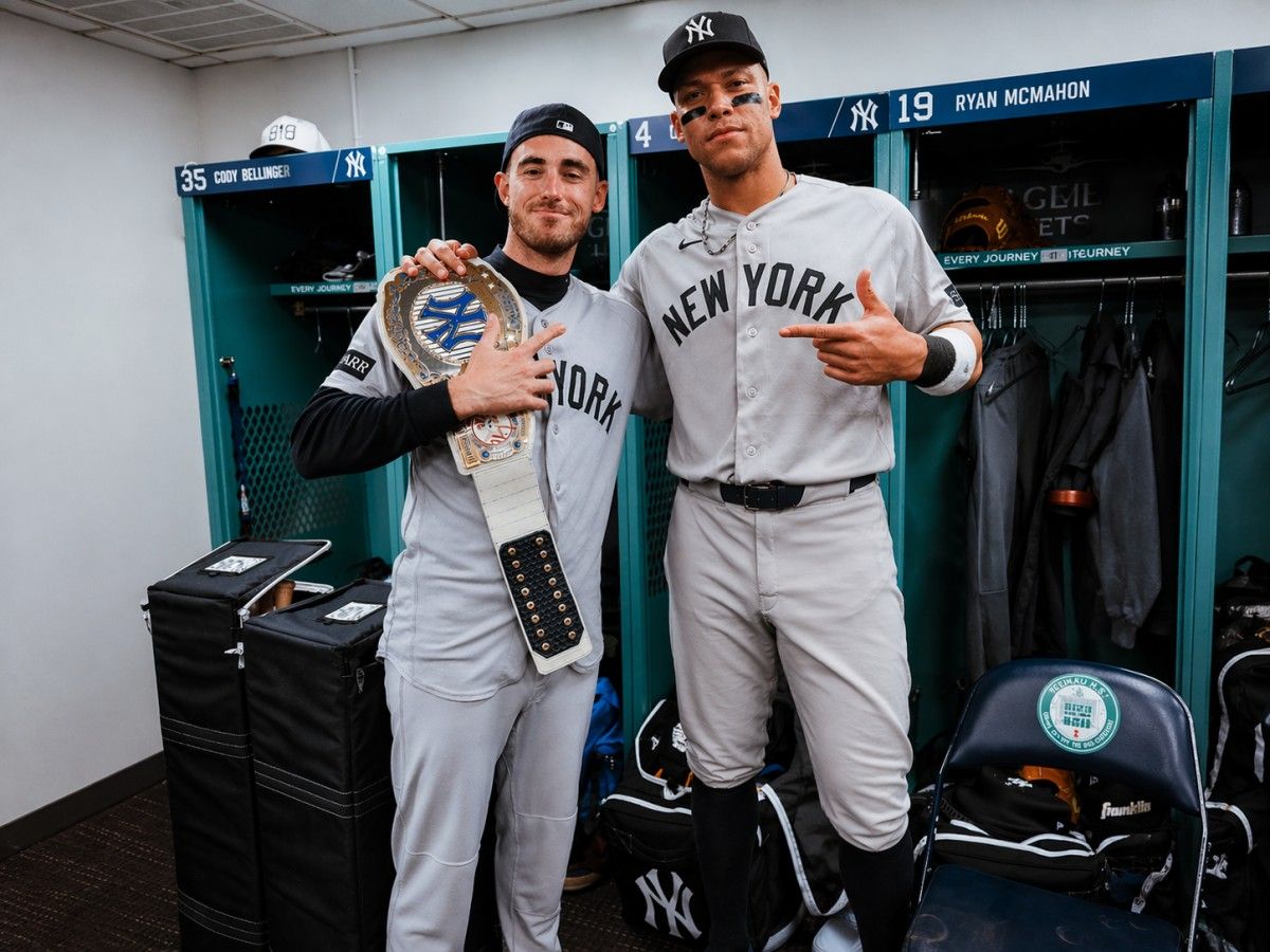 Cody Bellinger is with Aaron Judge after the Yankees' 4-2 win over the Red Sox in Boston, Apr. 23, 2026.