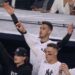 Yankees stars in the dugout react as Trent Grisham's home run gave them a lead in the 11-10 win over the Angels in New York, Apr. 13, 2026.